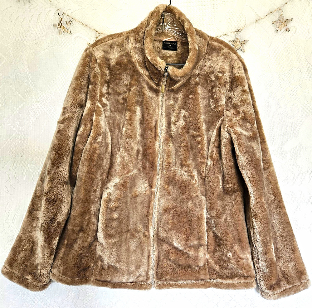32 Degrees Heat Large Beige Full Zip Plush Faux Fur Jacket Urban Chic Cabincore